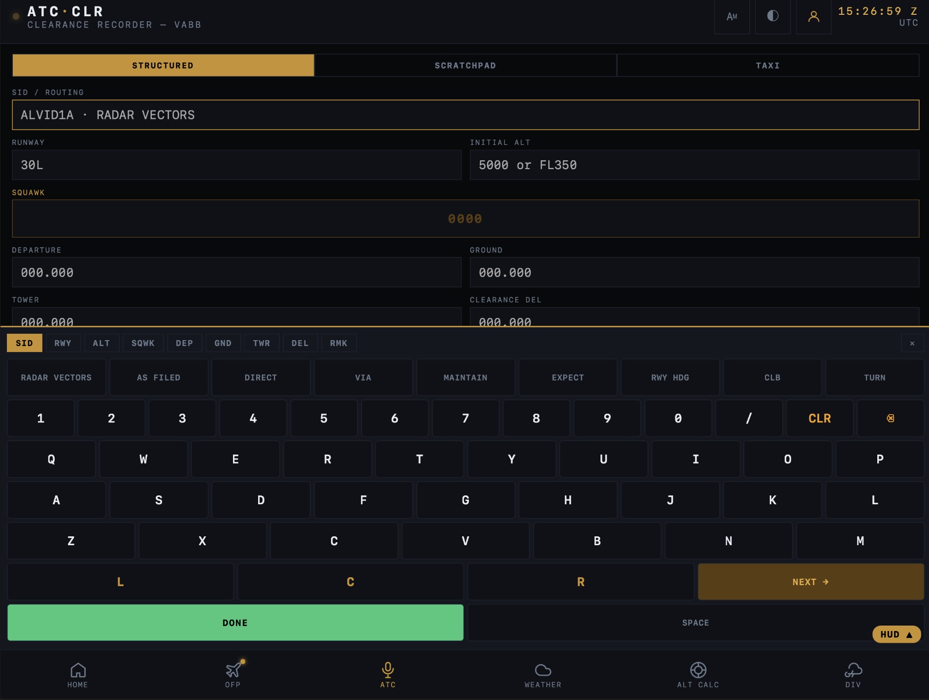 AvComp ATC structured keyboard focused on clearance fields